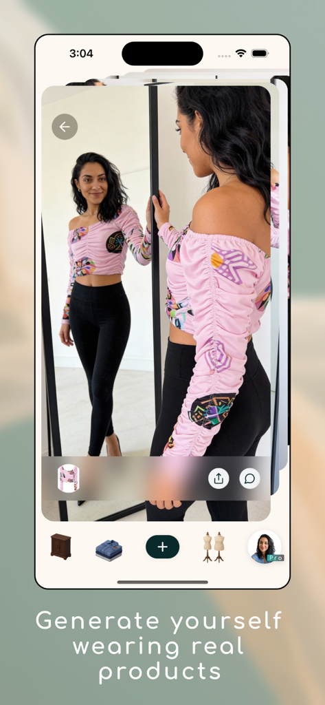 Uwear: Try On Anywhere - AI generated image of a woman virtually trying on a pink patterned top using the Uwear app