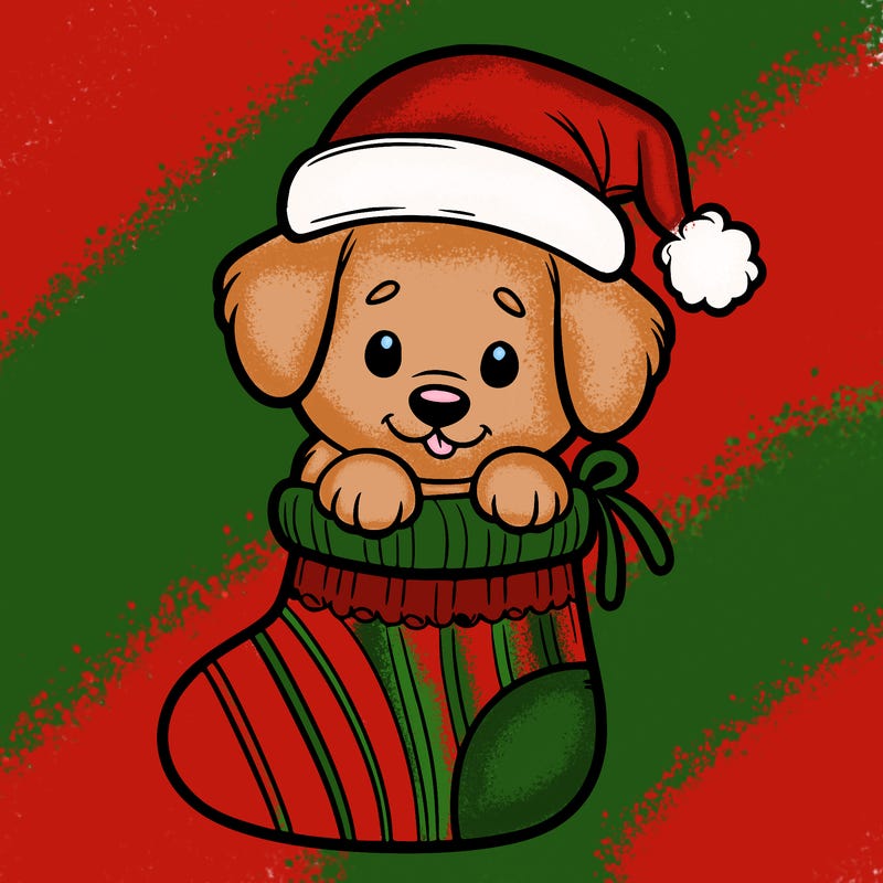 cute puppy wearing santa hat in socking