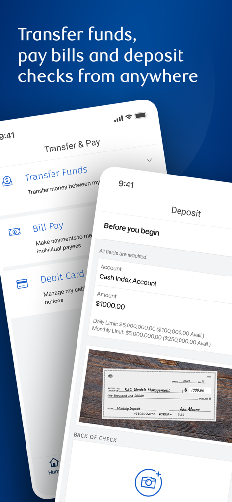 RBC Wealth Management app interface showing mobile check deposit and fund transfer features.