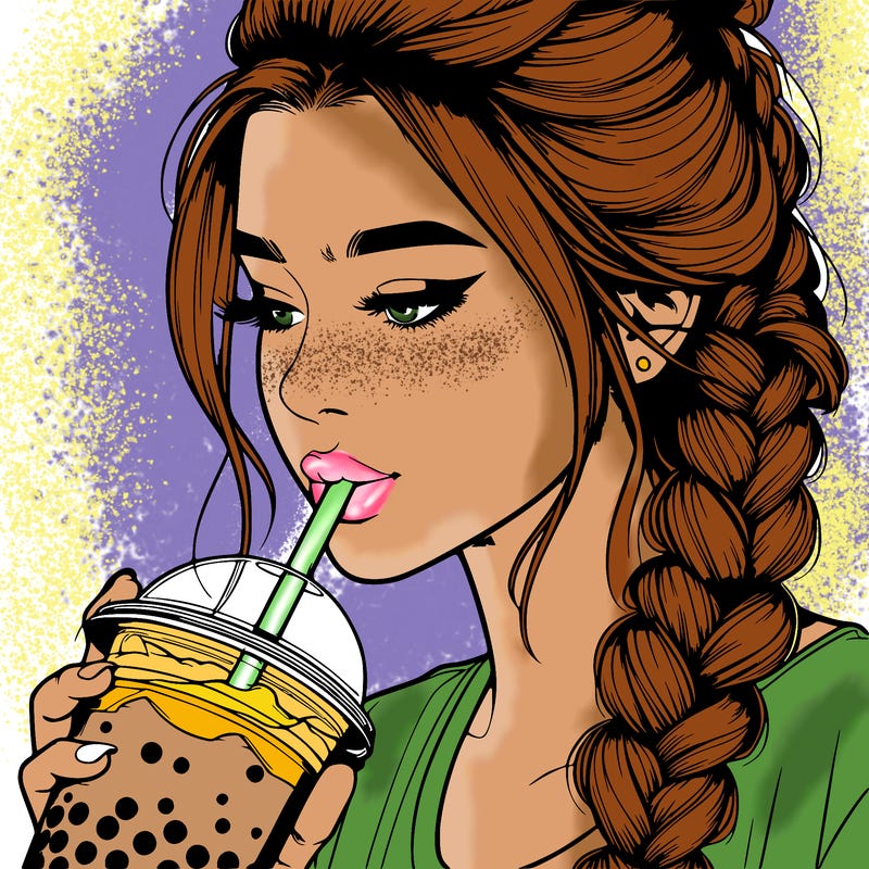 realistic girl drinking boba tea with braided hair