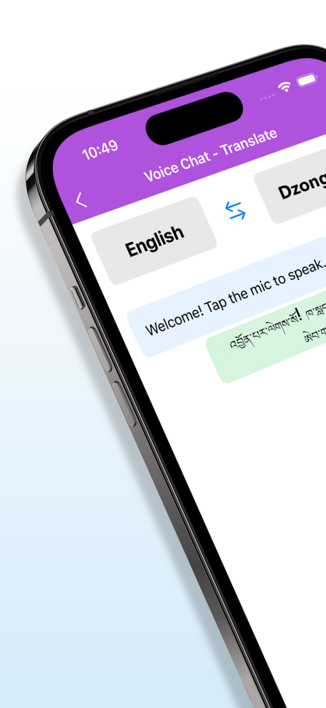 Interface of the English to Dzongkha voice chat translator app showing text and script translation