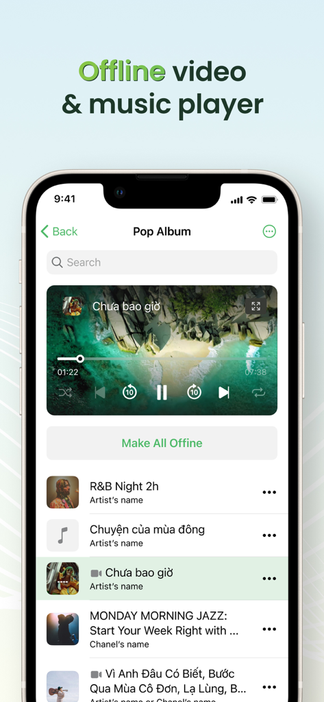 Cốc Cốc: Web Browser & Adblock - Interfaz del navegador Coccoc con el reproductor de video y música sin conexión con una lista de reproducción multimedia