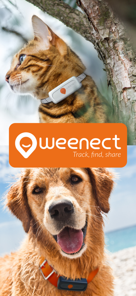 Weenect® - GPS - Weenect GPS追跡カラーを装着した猫と犬、ブランドロゴ付き