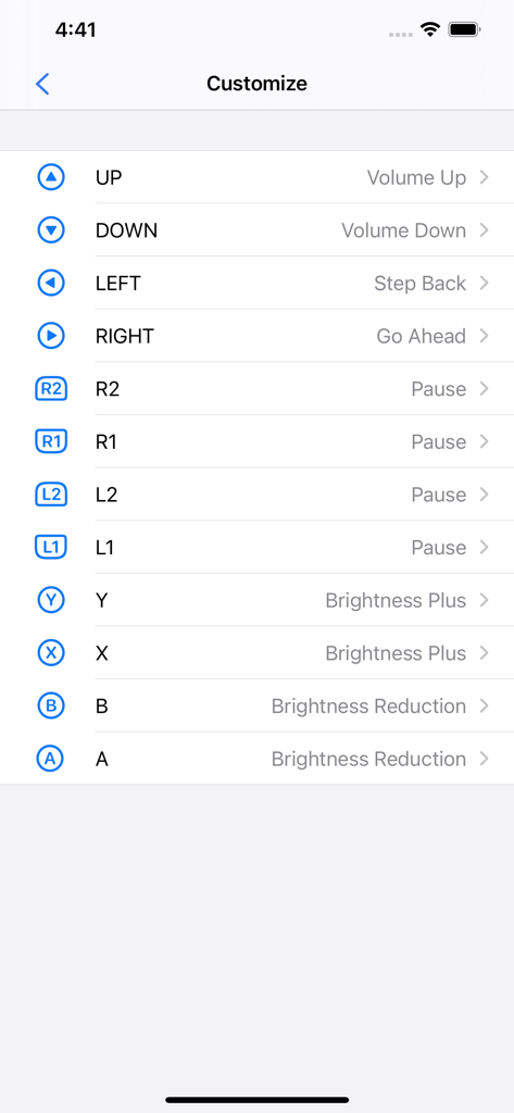 VR Player : 3D VR 360 VR Video - Customization screen for mapping gamepad buttons to video controls like volume and brightness in the VR Player app
