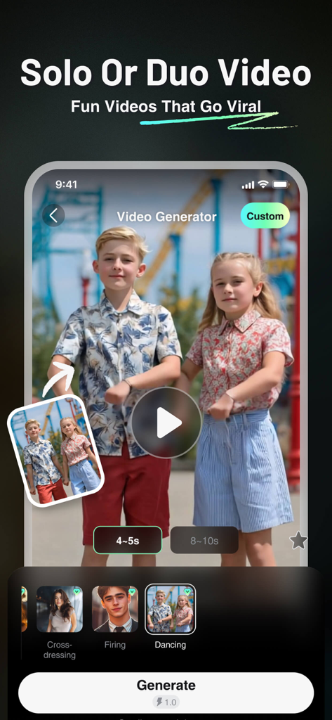VioAI: Video & Image Maker - VioAIアプリインターフェース。写真からソロまたはデュオのバイラルAIダンス動画を生成するためのものです。