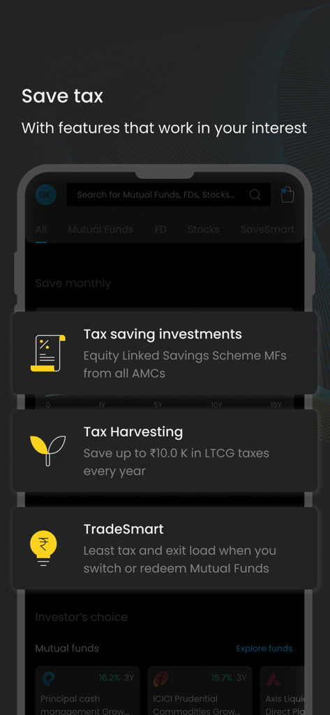 Interface do app Kuvera mostrando opções de investimento para economia de impostos, incluindo ELSS e Tax Harvesting