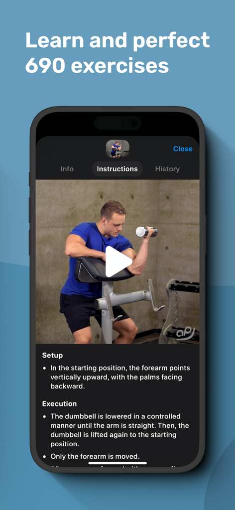 Alpha Progression app screen showing a video tutorial and detailed instructions for a dumbbell preacher curl exercise