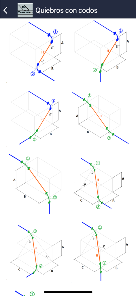 Diagramas técnicos 3D que muestran cálculos de desajuste de tubería y ruptura de codo para tuberos