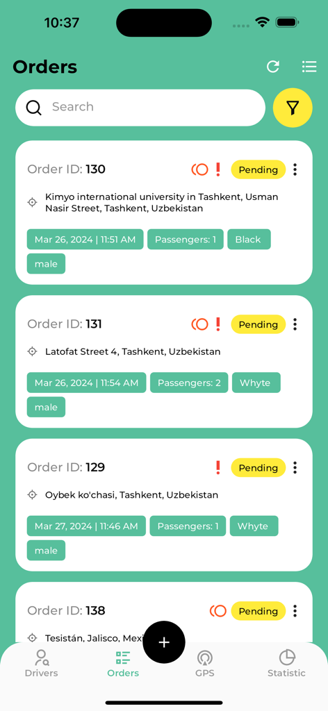 A-ride Admin interface showing a list of pending orders for fleet management