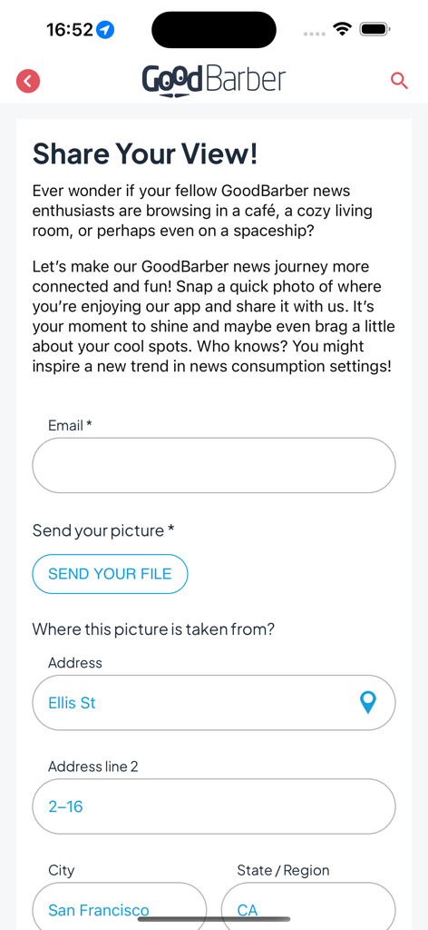 GoodBarber News - Uma tela do aplicativo Notícias GoodBarber mostrando um formulário para compartilhar fotos e localização com a comunidade