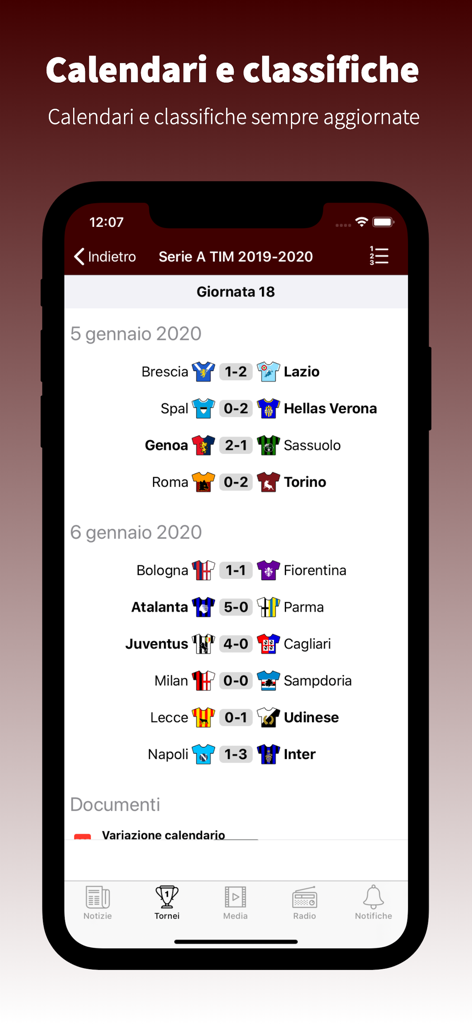 TorinoGranata.it - Interfaccia dell'app TorinoGranata che mostra i risultati e i calendari delle partite di Serie A