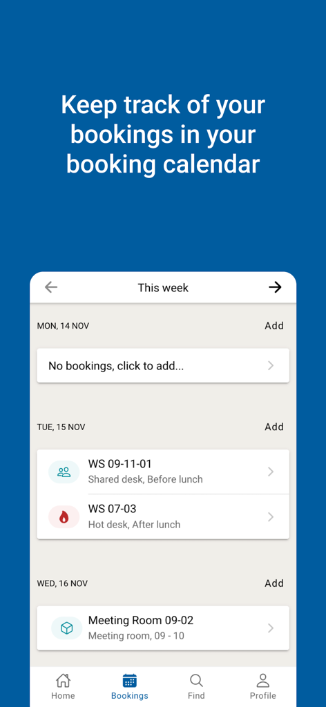 Areo Hybrid Work - Captura de pantalla de la aplicación Areo Hybrid Work mostrando un horario semanal para reservas de escritorios y salas de reuniones.
