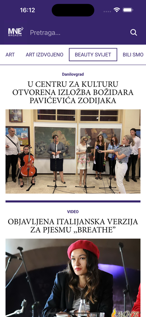 MNE magazin mobile news feed with articles on cultural exhibitions and music releases