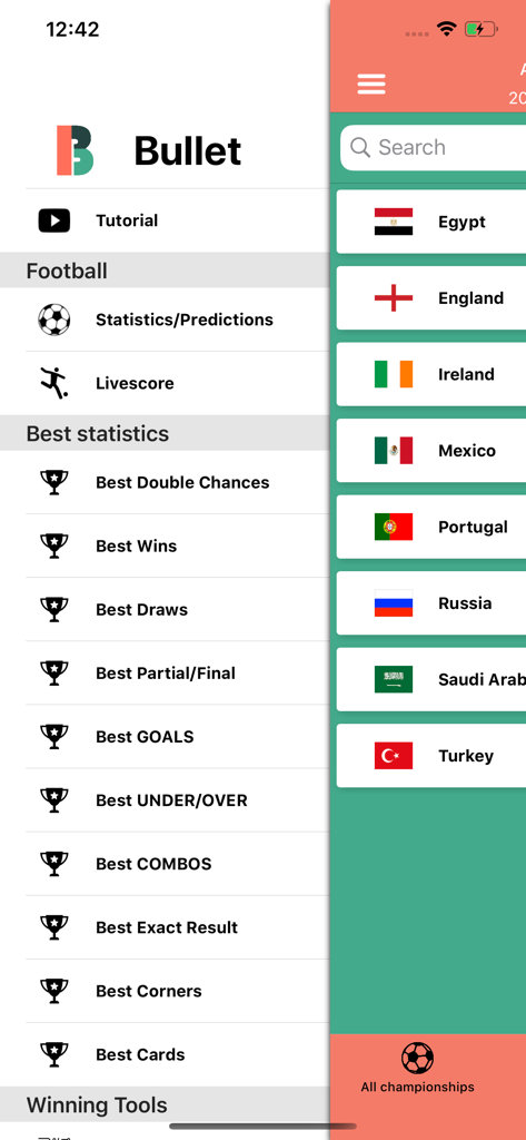 Bullet Bet Predictions - Bullet Bet Predictions app interface showing the side navigation menu with football statistics categories and country selection