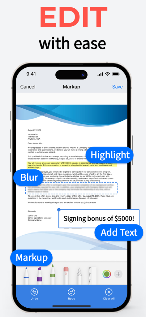 DocScan – PDF Document Scanner - DocScan interface for editing documents with markup highlight and blur features