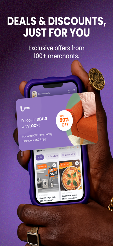 Smartphone screen displaying the LOOP finance app showing exclusive merchant deals and discounts