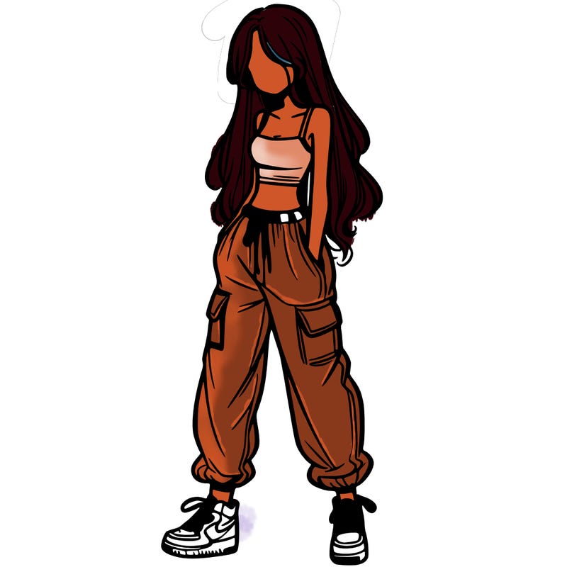 girl in baggy pants crop top and long hair