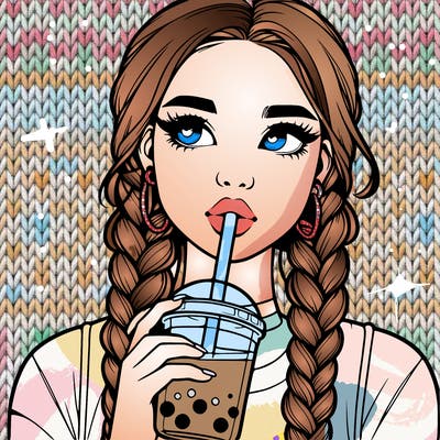realistic girl with braided hair drinking boba