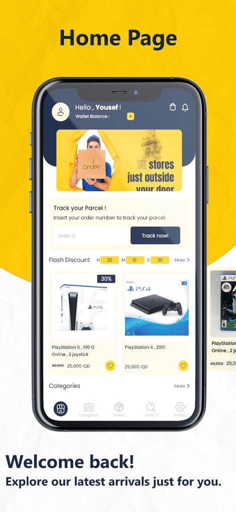 WeOrder Iraq - Home screen of the WeOrder Iraq app featuring a parcel tracking tool and e-commerce product discounts.