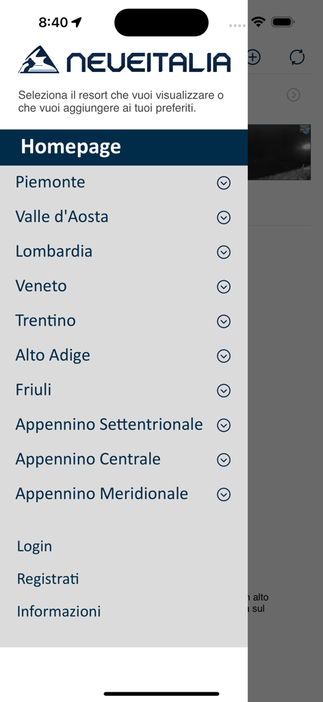 Neve e Sci - NeveItalia - Menü der NeveItalia App mit einer Liste italienischer Regionen für Informationen zu Skigebieten