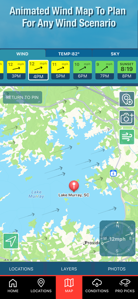 BassForce: Bass Fishing Guide - BassForce app interface showing an animated wind map with wind direction arrows and speed forecast for Lake Murray