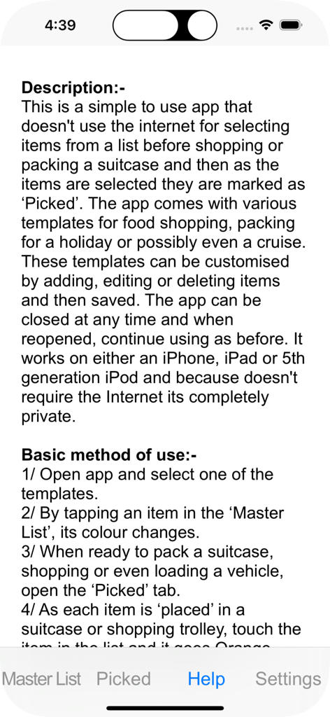 Picking List - La schermata di aiuto dell'app Picking List che mostra istruzioni dettagliate per l'utilizzo delle funzionalità offline di lista della spesa e per i bagagli