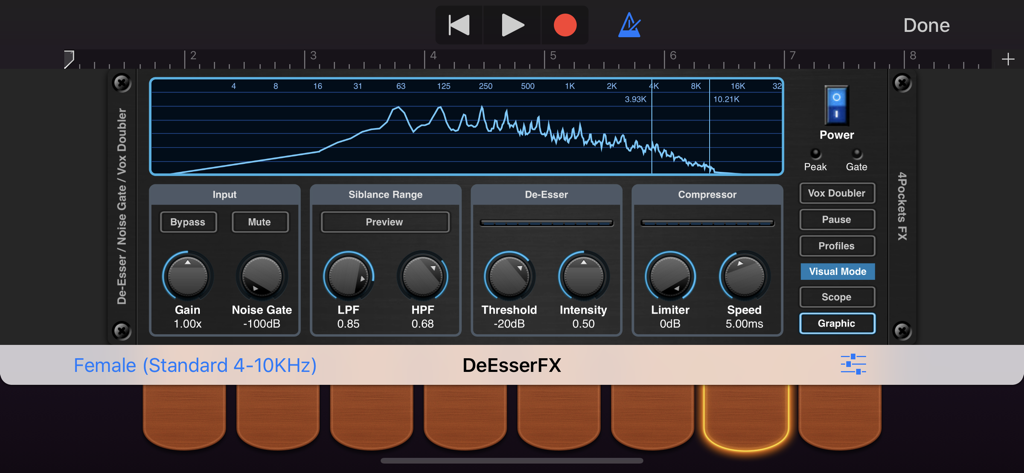 Interface of the De-Esser AUv3 audio plugin showing frequency display and vocal processing control knobs