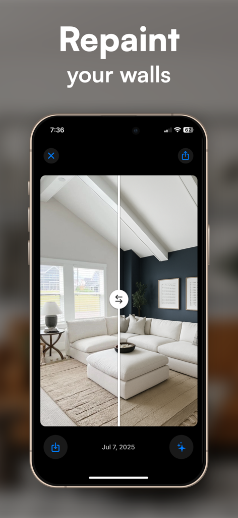Roomly AI - Interior Design - A before and after comparison of a living room showing a wall color change from white to dark blue using Roomly AI