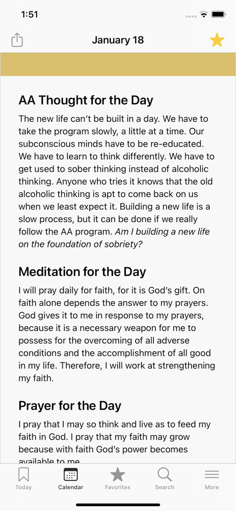 Screen from the Twenty-Four Hours a Day app showing a daily meditation with AA thought, meditation, and prayer for January 18
