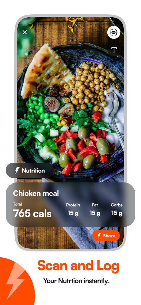 Dopamine app nutrition scanner showing meal calories and macros from a photo