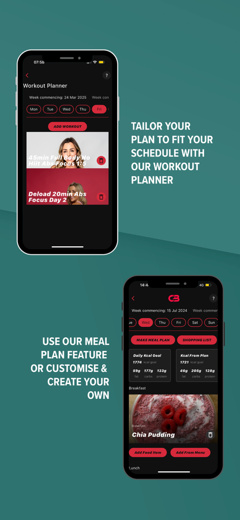 Courtney Black Fitness - Courtney Black Fitness app showing workout and meal planning screens