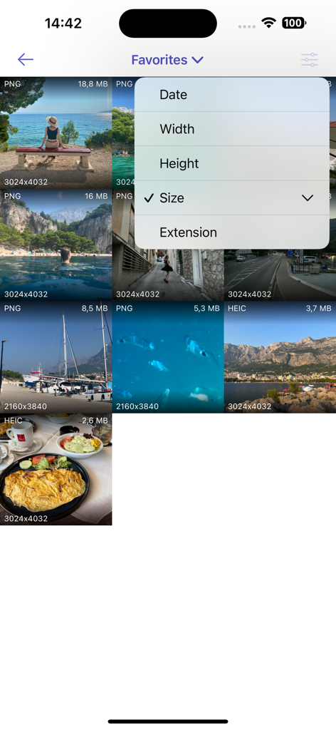 Resize it - compress any image - Ordinamento delle foto per dimensione del file nella visualizzazione della galleria dell'app Resize it.