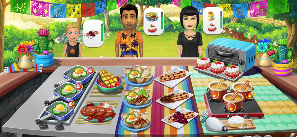 Virtual Families: Cook Off - Virtual Families Cook Off のゲームプレイ画面。裏庭のレストランで、顧客がメキシコ風の朝食を注文している様子。