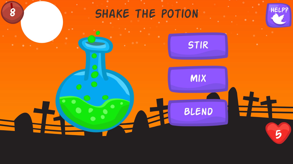 The Impossible Test HALLOWEEN - Haunted Holiday Trivia Game - A Halloween-themed level in The Impossible Test where a bubbling green potion sits in front of a graveyard background with buttons to stir, mix, and blend.