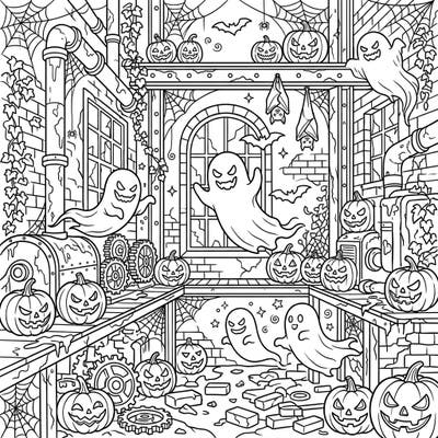 Step into a hauntingly fun world where forgotten industrial ruins meet the festive spirit of Halloween. This intricate coloring page is packed with spooky details, from grinning jack-o'-lanterns to playful ghosts and creepy crawlies, ready for your creative touch.