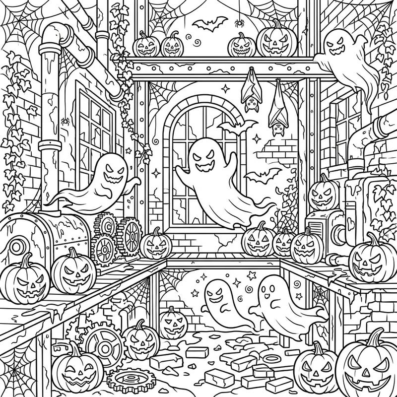 Step into a hauntingly fun world where forgotten industrial ruins meet the festive spirit of Halloween. This intricate coloring page is packed with spooky details, from grinning jack-o'-lanterns to playful ghosts and creepy crawlies, ready for your creative touch.