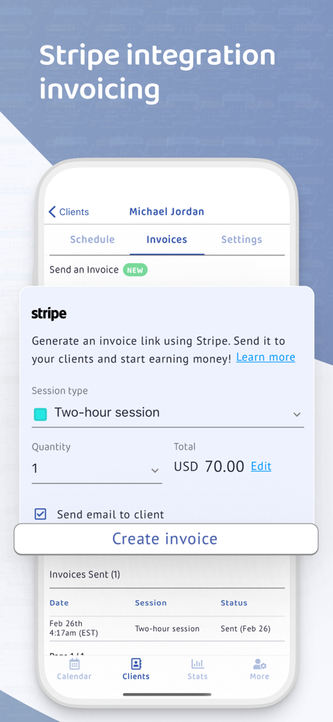 Mobile interface showing how to create a Stripe invoice for a client session