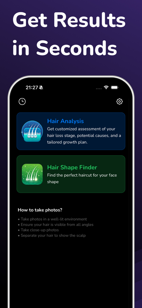 Hair Snap - AI Health & Care - Hair Snap mobile app interface showing hair analysis and hair shape finder features