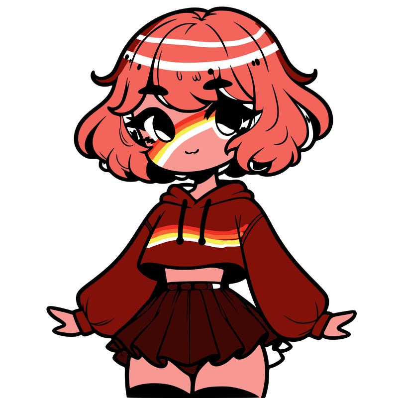 cute femboy with short, fluffy hair that softly frames their face, wearing a cropped hoodie, paired with a flouncy short skirt, and thigh-high stockings