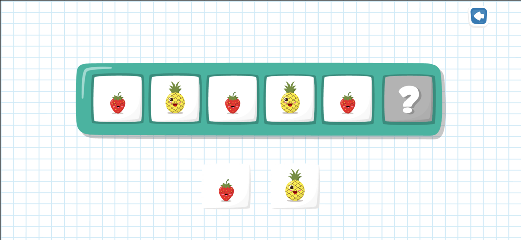 Juego de aprendizaje de patrones de frutas para niños pequeños con personajes de fresa y piña de dibujos animados