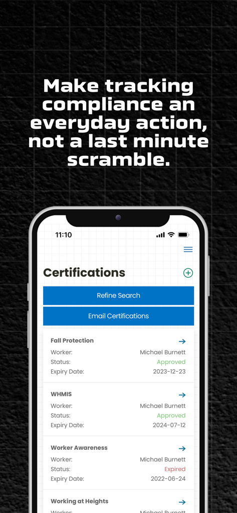 Corfix mobile app interface showing a list of worker certifications with approval status and expiry dates