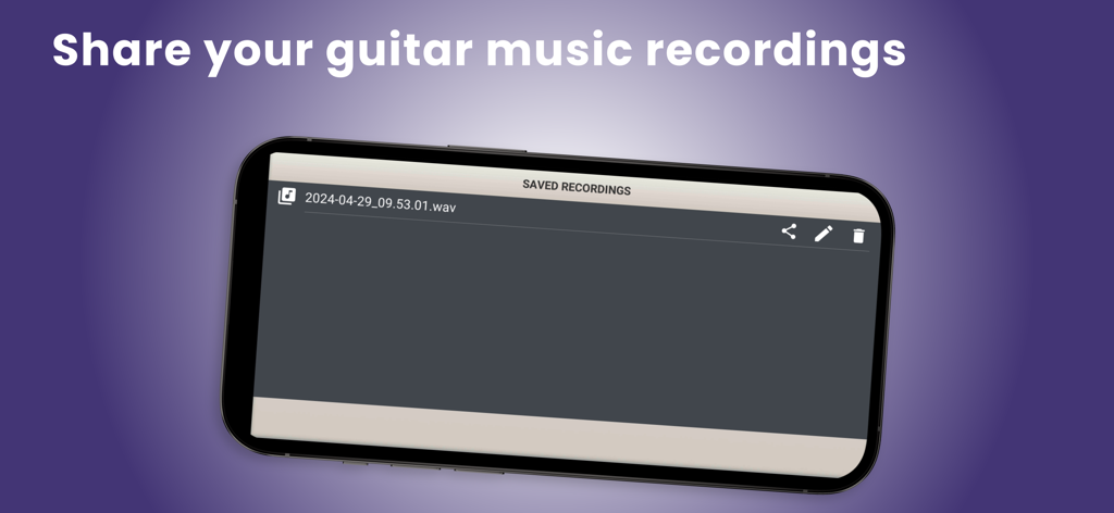 Interface mostrando gravações de música de guitarra salvas em uma tela móvel com opções para compartilhar e editar