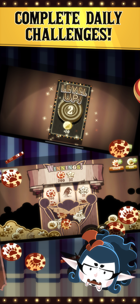 Spite and Malice card game showing level up rewards and daily challenges completion screen