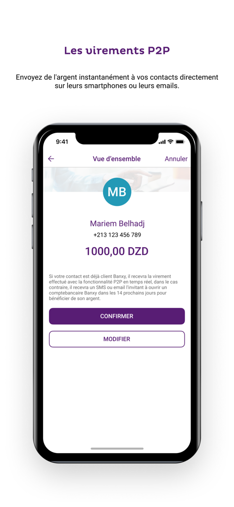 Interface of Banxy mobile app showing an instant P2P money transfer confirmation screen