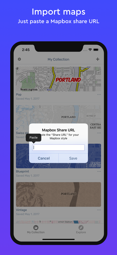 Mapbox Studio Preview - Interface showing how to import custom map styles by pasting a Mapbox share URL