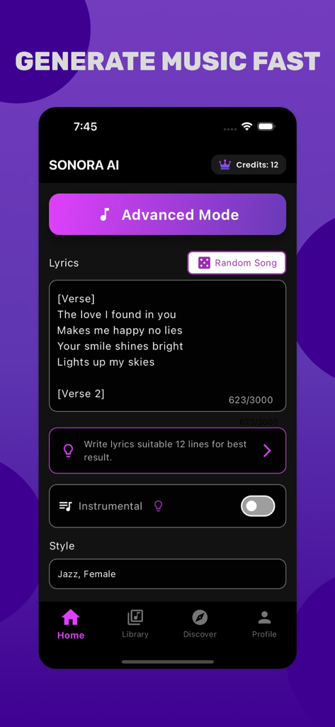 AI Music Generator - Sonora Ai - Sonora AI mobile app interface for generating custom music with lyrics and style options