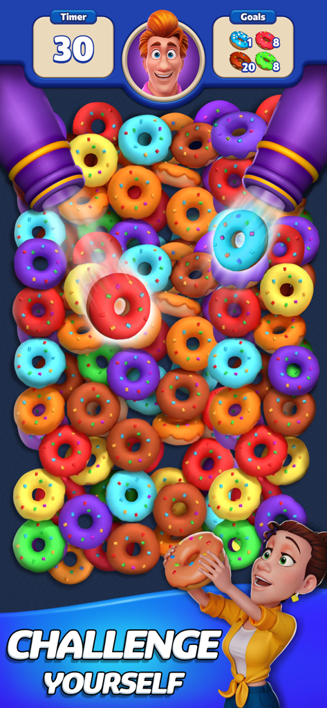 Blitz Busters - Blitz Busters Match 3D gameplay screen featuring colorful donuts and a challenge yourself message