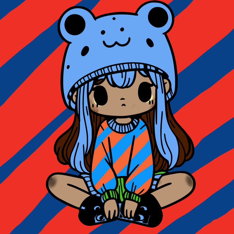 a girl wearing a frog hat and some frog socks