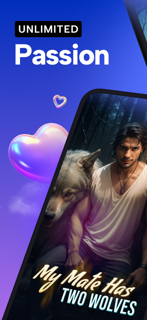 MyPassion: Read, Listen Novels - A promotional screen for the MyPassion app featuring a werewolf romance novel titled My Mate Has Two Wolves.