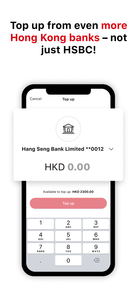 PayMe by HSBC app interface showing the top up feature with an option to select various Hong Kong banks